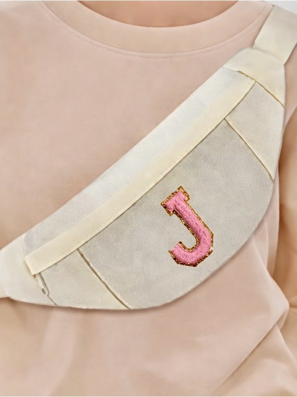 Cream Crossbody Belt Bag with Pink 'J' Patch